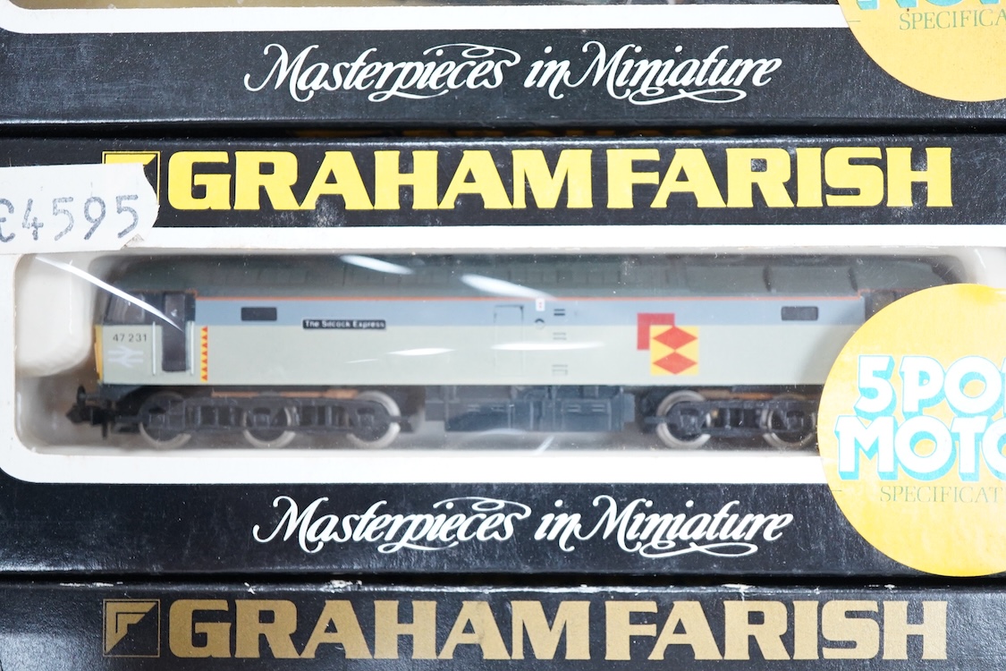 Four boxed Graham Farish N gauge railway diesel locomotives; a BR class 52, Western Emperor D1036 (8424), a BR class 47, D1662 (8004), a BR Rail Freight 47231, (8008) and a BR class 40, D348 (8115).
